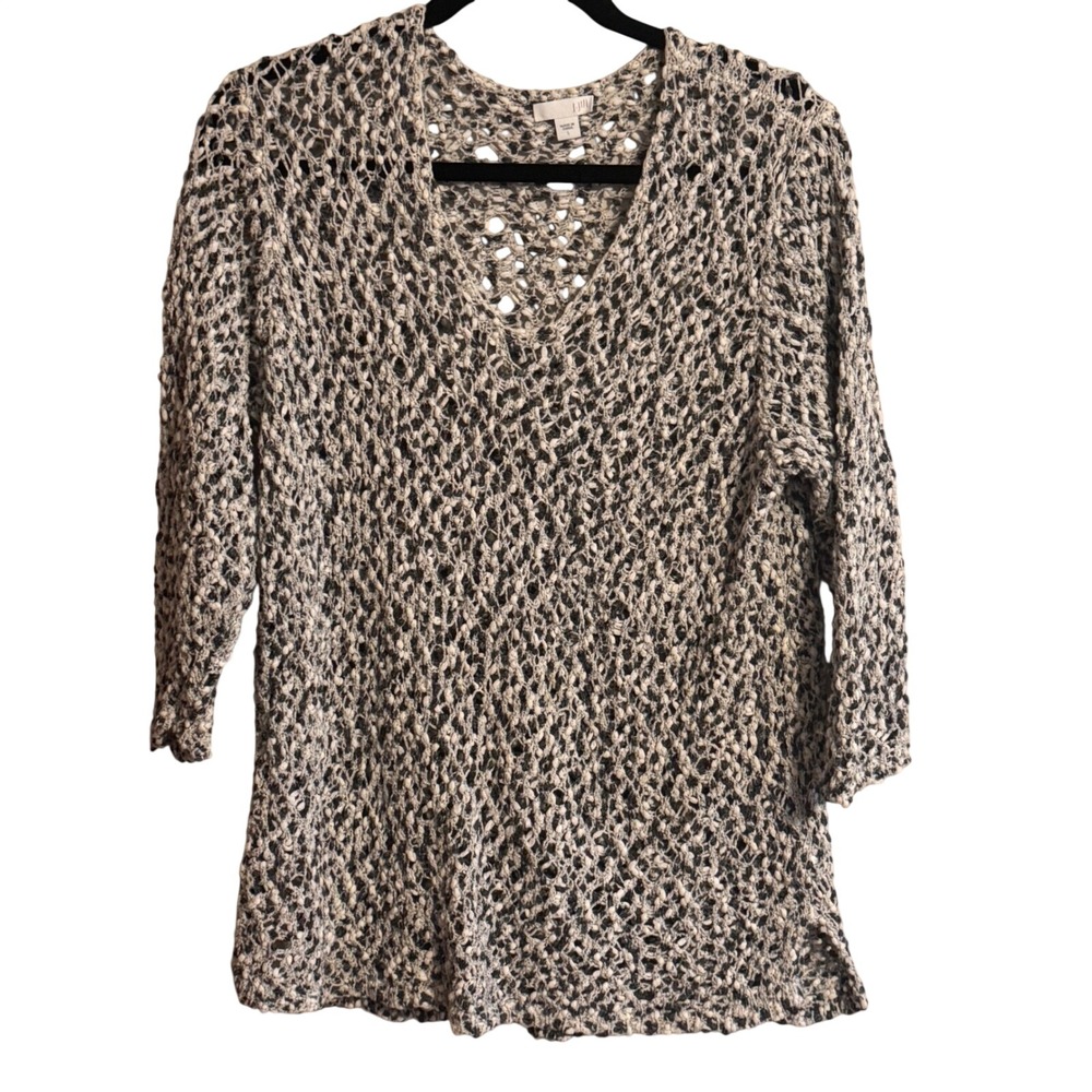 J. Jill Sweater Open Knit Crochet Large Black White Womens V-Neck Cotton Boho